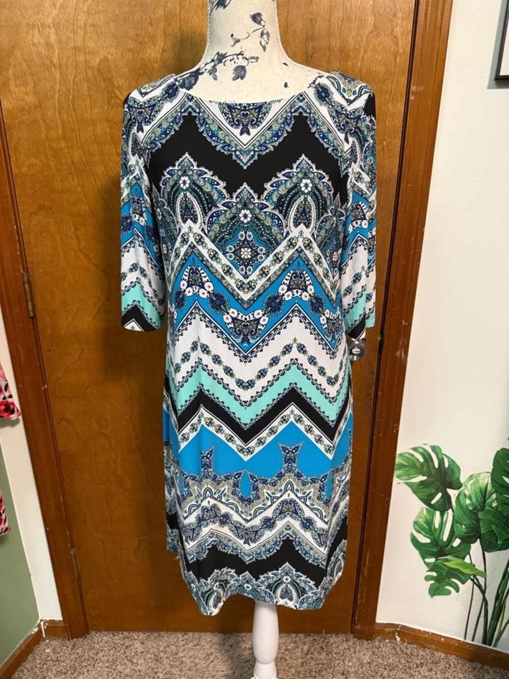 Blue & Black Chevron Paisley Midi Dress 3/4 sleeve resort wear (Studio One)